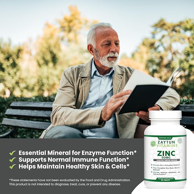 Zaytun Halal Zinc 50 mg Supports Immune Health and Healthy Skin, Antioxidant, One Per Day, US Made, 100 Tablets