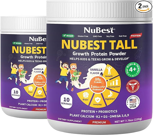 NuBest Tall Protein Powder for Kids & Teens - Vegan Vanilla Protein Powder Shake with Organic Red Algae Calcium, Probiotics, Omega 3-6-9, Vitamin D3 + K2 & Magnesium from Marine Algae - Pack 2