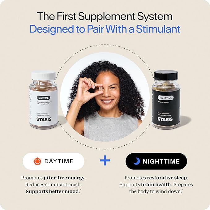 Stasis Day & Night Set - Energy & Focus Supplements + Calm & Sleep Capsules to Pair with Your Stimulant - Promote Natural Energy Without Jitters & Harness Magnesium for Sleep (25 Servings)