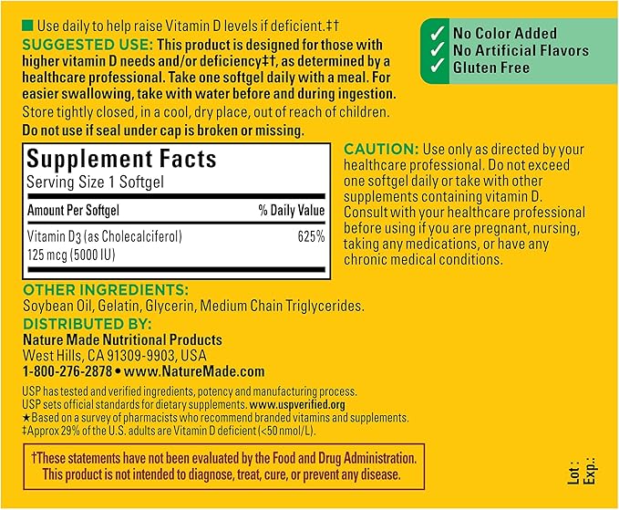 Nature Made Extra Strength Vitamin D3 5000 IU (125 mcg), Dietary Supplement for Bone, Teeth, Muscle and Immune Health Support, 360 Softgels, 360 Day Supply
