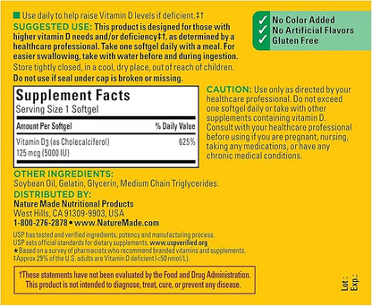 Nature Made Extra Strength Vitamin D3 5000 IU (125 mcg), Dietary Supplement for Bone, Teeth, Muscle and Immune Health Support, 360 Softgels, 360 Day Supply