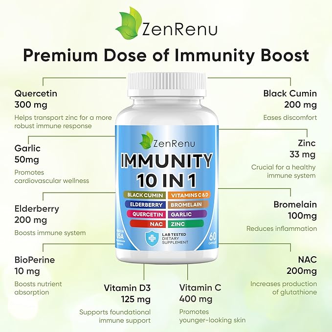 Zenrenu Immune Boosting for Adults - 10 in 1 Immunity Support Supplement with Quercetin, Bromelain, NAC, Elderberry, Vitamin C & D3 for Immune Defense & Antioxidant - Easy to Absorb Capsules