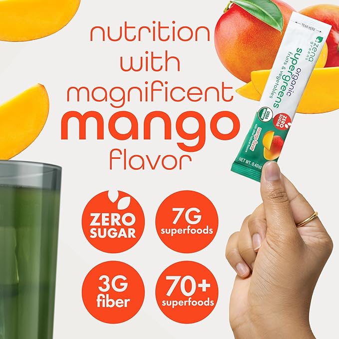 Organic Super Greens Powder, 70+ Superfoods, 0 Sugar, 3G Fiber, Spirulina, Chlorella, Antioxidants, Prebiotics/Probiotics, Digestive Enzymes, Mango, 30 Drink Mix Packets