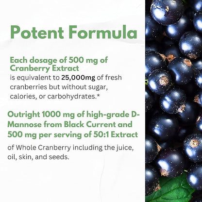 D-Mannose with Cranberry Extract Capsules 1500mg – High Potency USP Grade D-Mannose Supplement with Whole Fruit Cranberry Powder – Urinary Tract Support – Non-GMO 60 Capsules
