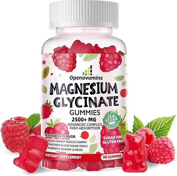 Magnesium Glycinate Gummies 2500mg - Sugar Free Magnesium Potassium Supplement with Vitamin D, B6, CoQ10 for Calm Mood & Sleep Support - 90 Raspberry Gummies