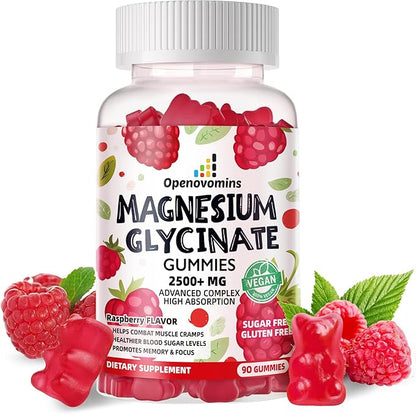 Magnesium Glycinate Gummies 2500mg - Sugar Free Magnesium Potassium Supplement with Vitamin D, B6, CoQ10 for Calm Mood & Sleep Support - 90 Raspberry Gummies