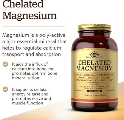 Solgar Chelated Magnesium, 250 Tablets - Supports Nerve & Muscle Function - Promotes Healthy Bones - Vital for Cellular Energy Release - Non-GMO, Vegan, Gluten Free, Dairy Free - 62 Servings