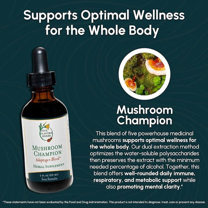 Mushroom Champion Tincture - Metabolic Support, Immune Support, Respiratory Support, Adaptogen Blend, Tonic Formula, Reishi, Maitake, Herbal Supplement - 2 Fl Oz