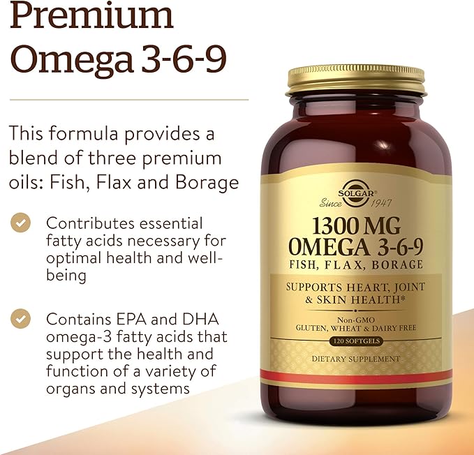 Solgar 1300 mg Omega 3-6-9, 120 Softgels - Fish Oil Supplement - Support for Heart, Joint & Skin Health - Includes Flaxseed & Borage - Contains EPA & DHA - Omega 3 Fatty Acids - 40 Servings