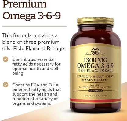 Solgar 1300 mg Omega 3-6-9, 120 Softgels - Fish Oil Supplement - Support for Heart, Joint & Skin Health - Includes Flaxseed & Borage - Contains EPA & DHA - Omega 3 Fatty Acids - 40 Servings