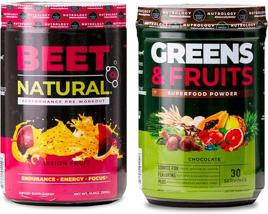 Nutrology Greens & Fruits Powder-Naturally Sourced Superfood, Chocolate (30 Servings) Beet Natural O2, Pre Workout Powder, Passion Fruit Flavor (30 Servings)