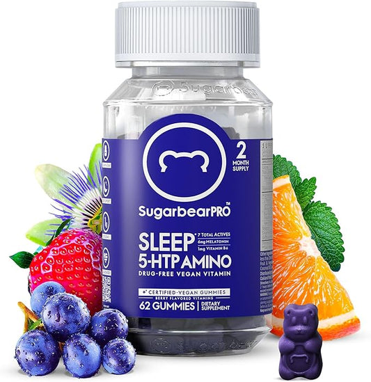 Sugarbear Sleep Gummy 2 Month Supply, Extra Strength Melatonin 6mg, for Men & Women, Vegan Vitamin B6, L-Theanine, 5 HTP, Valerian, Sleep Aid for Adults & Teens, Certified Kosher, Halal, Cruelty-Free