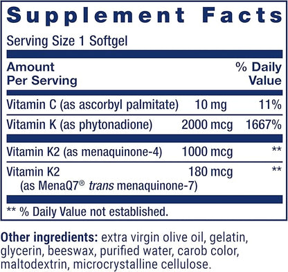 Life Extension Super K, vitamin K1, vitamin K2 mk-7, vitamin K2 mk-4, vitamin C, bone/heart/arterial health, 3-month supply, Gluten-Free, 1 Daily, Non-GMO, 90 softgels