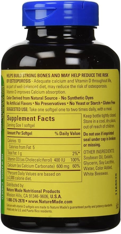 Nature Made Calcium 600 Mg with Vitamin D, 100 Liquid Softgel (6 Pack)