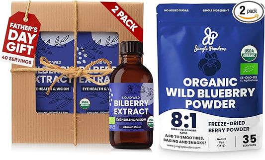 Father's Day Gift for Grandpa - USDA Organic Wild Bilberry Extract Bundle 2x3.4oz Liquid Extract + Organic Wild Blueberry Powder 5oz - Wellness Gift for Eyes & Superfood Extract