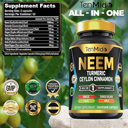 Neem Leaf Supplement - 8in1 Formula - Combine with Turmeric, Ceylon Cinnamon, Ginger, Tulsi, Ginkgo Biloba, Amla, and Black Pepper - Immune Health Support - 150 Vegan Capsules