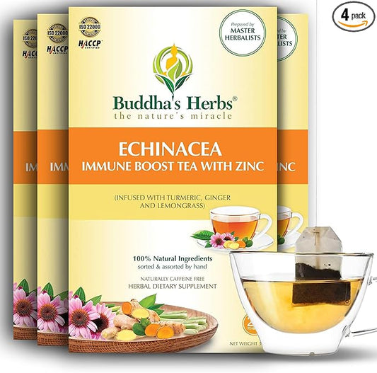 Premium Echinacea Tea with Zinc (Pack of 4, 88 Tea Bags) - Decaffeinated Healthy Tea for Immune Health - Organic Herbal Tea Bags w/Natural Ingredients - Ideal Tea Gifts for Tea Lovers