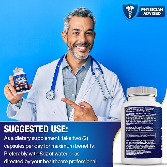 NEW AGE Silica Sea Moss, Black Seed Oil, Ashwagandha, Turmeric, Bladderwrack, Burdock - with Manuka, Honey Dandelion, ACV Black Pepper Gluten Free