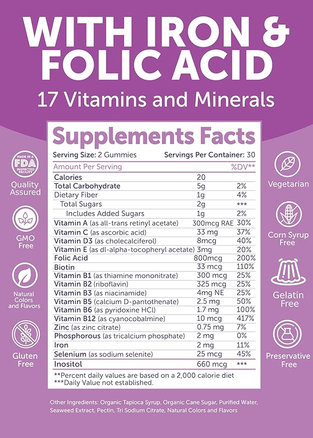 Lunakai USA Made Prenatal Vitamins for Women with Iron & Folic Acid - Delicious Prenatal Gummies, Non-GMO, Gelatin-Free, 60ct