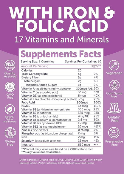Lunakai USA Made Prenatal Vitamins for Women with Iron & Folic Acid - Delicious Prenatal Gummies, Non-GMO, Gelatin-Free, 60ct