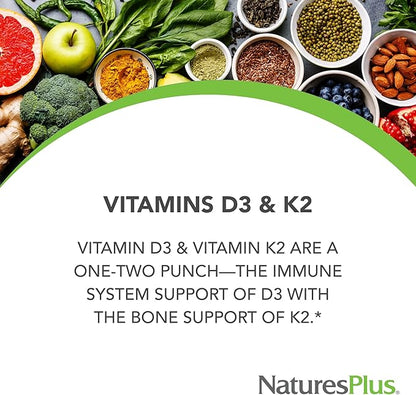 Natures Plus Vitamins D3 & K2-90 Tablets - Promotes Bone Support, Immune Function, Cardiovascular Health & Mood Balance - Vegetarian, Gluten Free - 90 Servings
