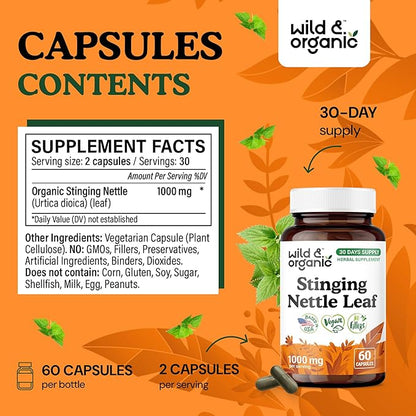 Wild & Organic Stinging Nettle Leaf Capsules - 1000 mg Stinging Nettle Extract for Urinary Support - 60 Vegan Herb Capsules - 30 Days Supply - Non-GMO, Gluten-Free, No Fillers