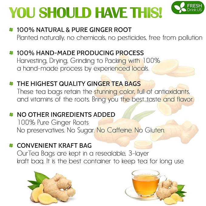 FRESHDRINKUS 55 Ginger Tea Bags, 100% Natural & Pure Herbal Tea, No Sugar, No Caffeine, No Gluten, Vegan