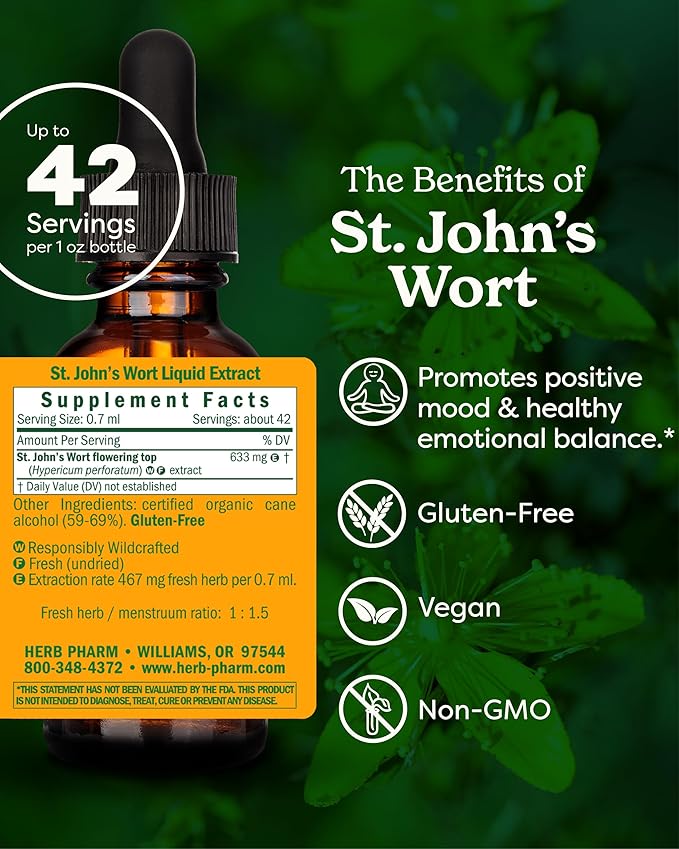 Herb Pharm St. John's Wort Liquid Extract for Positive Mood and Emotional Balance, Cane Alcohol, 1 Ounce