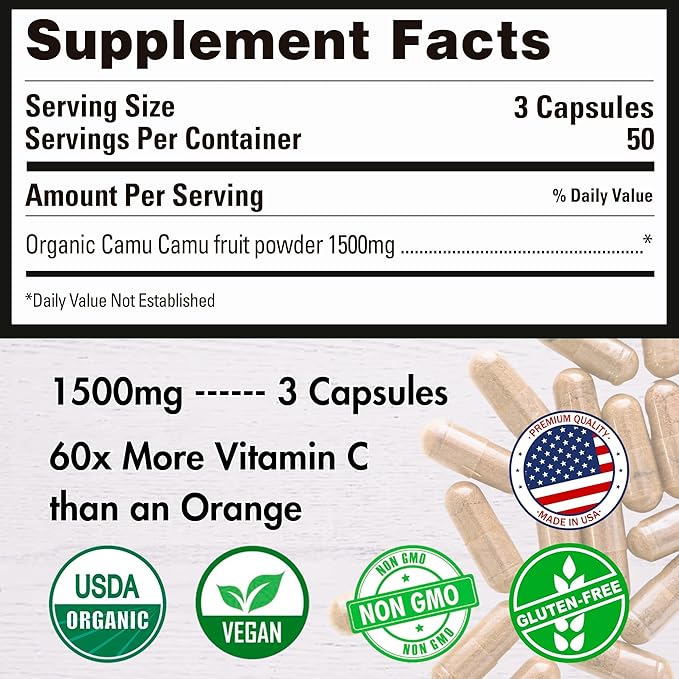 Peruvian Naturals Organic Vitamin C from Camu Camu Capsules 1,500mg per Serving - 150 Vegan Pills, Natural Whole Food VIT C, from Raw Berry Organic, Non-GMO Supplement