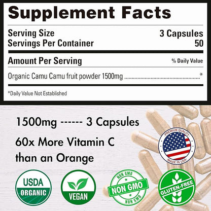 Peruvian Naturals Organic Vitamin C from Camu Camu Capsules 1,500mg per Serving - 150 Vegan Pills, Natural Whole Food VIT C, from Raw Berry Organic, Non-GMO Supplement