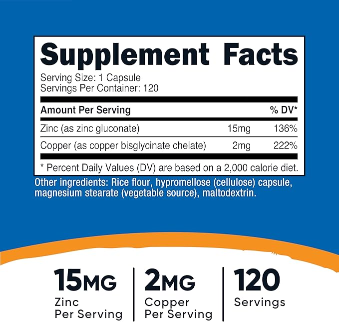 Nutricost Zinc + Copper Capsules (120 Servings)(15MG Zinc + 2MG Copper Per Serving) - Non GMO, Vegetarian