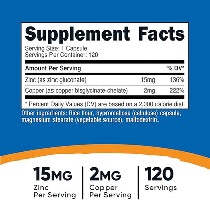 Nutricost Zinc + Copper Capsules (120 Servings)(15MG Zinc + 2MG Copper Per Serving) - Non GMO, Vegetarian