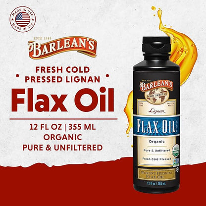 Barlean's Organic Lignan Flaxseed Oil Liquid Supplement from Cold Pressed Flax Seeds, 7,230 mg ALA Omega-3 Fatty Acids for Healthy Hair, Skin, and Eyes, Gluten Free, 12 oz