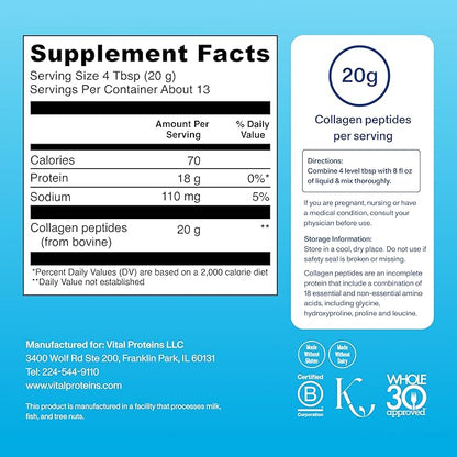 Vital Proteins Collagen Peptides Powder - Supports Hair, Nail, Skin, Bone & Joint Health, Unflavored, Collagen Protein 9.33 OZ