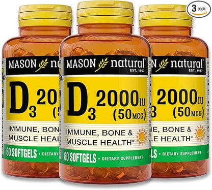 MASON NATURAL Vitamin D3 2,000 IU Ultra Strength, Supports Bone Density, Strength & Immune Health, 60 Softgels, Pack of 3