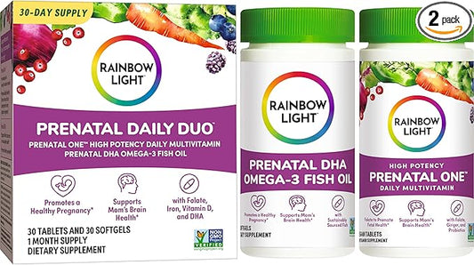 Rainbow Light Prenatal Daily Duo Multivitamin Kit, With Prenatal One Daily Multivitamin and Prenatal DHA Omega-3 Fish Oil for Mom's Health and Baby's Development Support, 30 Count