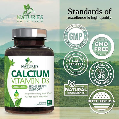 Calcium Supplement with Vitamin D - 1200 mg Calcium Carbonate with 1600 IU of D3 Vitamins - Supports Bone Strength, Teeth & Immune System - Natural & Easily Absorbable for Women & Men - 180 Tablets