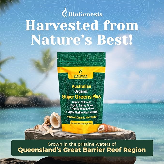 Biogenesis Australian Organic SuperGreens Plus Chlorella, Barley Grass, Wheat Grass, Marine Plant Minerals Australia, Tablets (200 mg) (300 Count)