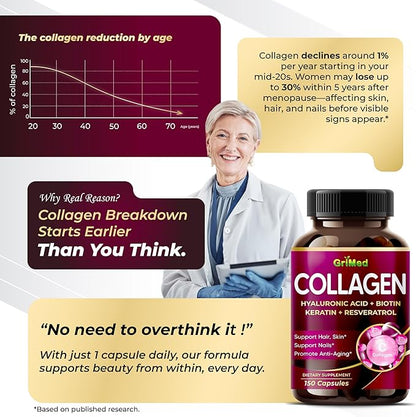 GriMed Organic Collagen 6,419 mg with Hyaluronic Acid, Biotin, Keratin, Resveratrol Hair Skin, Nails Vitamins - Made in The USA (90 Count (Pack of 1))