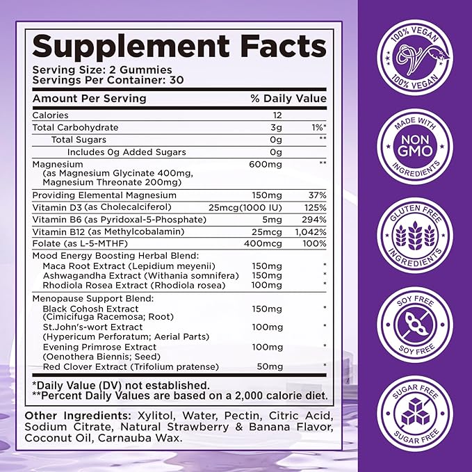 Magnesium Glycinate Gummies for Women, High Absorption Magnesium Supplement with Menopause Support Blend, Magnesium & Hormone Balance for Sleep Support, Vegan, 60 Chews