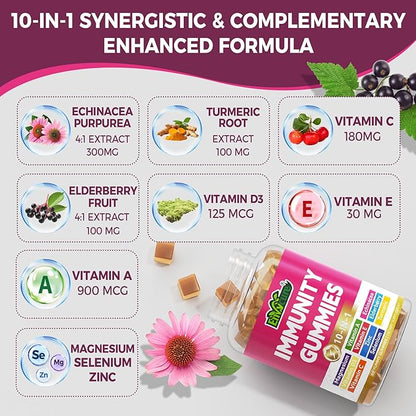 Vitamin C D3 Zinc Gummies for Adults w/Echinacea, Elderberry, Selenium, Magnesium，Vitamin D3 5000IU, Daily Immunity Booster Multivitamin Gummies, for Immunity Antioxidant Bone Energy，Vegan 1 Pack