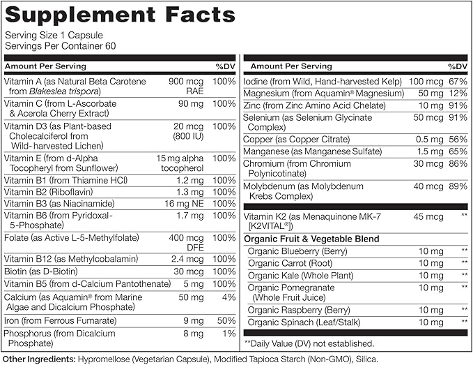 NATURELO One Daily Multivitamin for Women - Energy Support - Whole Food Supplement to Nourish Hair, Skin, Nails - Non-GMO - No Soy - Gluten Free - 60 Capsules - 2 Month Supply
