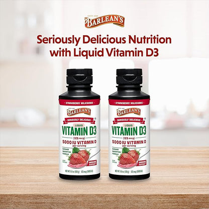 Barlean's Pack of 2 Liquid Vitamin D Supplement for Kids and Adults with 5000 IU D3, Strawberry Milkshake Flavored Sugar Free Vitamins for Children, 5.6 oz Each