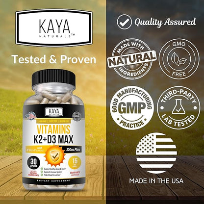 Kaya Naturals Vitamins K2 with D3 5000IU Supplement for Men and Women - Easy to Swallow - Bioperine Capsules (30 Count (Pack of 1)