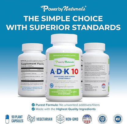 Power By Naturals ADK Vitamin Supplement – ADK 10 High Potency with Vitamins A, D3 10,000 IU & K2 MK7 for Superior Heart, Immune & Bone Health Support – 90 Capsules, 2 Pack (6-Month Supply)