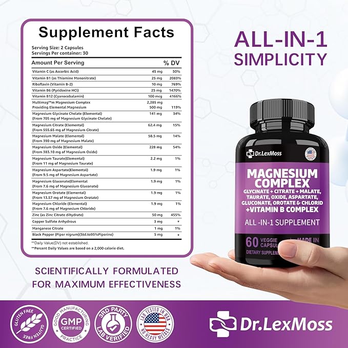 Magnesium Complex 2285mg with Magnesium Glycinate Citrate Malate Oxide Taurate Aspartate Gluconate Orotate & Mag Chloride, Zinc Copper Manganese & Vitamin C B1 B2 B6 B12 Complex - 60 Count USA