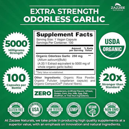 Zazzee USDA Organic Odorless Garlic 20:1 Extract, 5000 mg Strength, 100 Vegan Capsules, 3+ Month Supply, Standardized, Concentrated 20X Extract, 100% Vegetarian, All-Natural, Non-GMO, Made in The USA