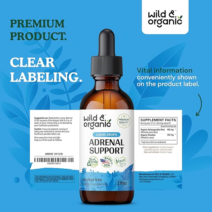 Wild & Organic Adrenal Support Tincture for Positive Outlook - Adrenal Complex with Ashwagandha, Rhodiola Rosea Root - 1-Month Supply - Vegan, No Sugar & Alcohol - 2 fl oz