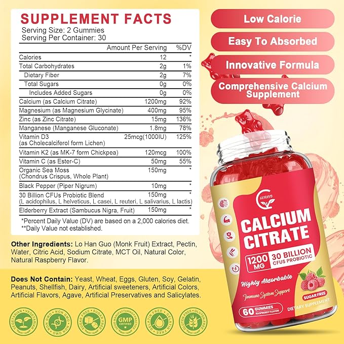 Sugar Free Calcium Citrate Gummies 1200 mg with vitamin d3, K2, Magnesium, Zinc for Bone, Muscle & Immune Support, High Absorption Calcium Supplement for Women & Men, Raspberry Flavor, 60 Chews