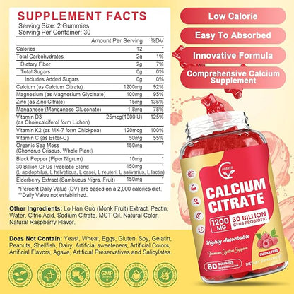 Sugar Free Calcium Citrate Gummies 1200 mg with vitamin d3, K2, Magnesium, Zinc for Bone, Muscle & Immune Support, High Absorption Calcium Supplement for Women & Men, Raspberry Flavor, 60 Chews